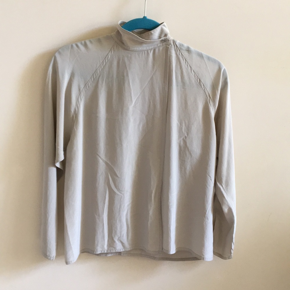Button Neck Long Sleeve LT Grey Front Flap Blouse